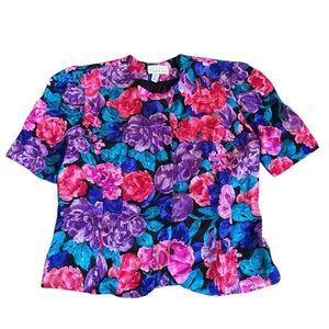 Adrianna Papell Vibrant Floral Blouse Vintage 100% Silk - Size 12 L